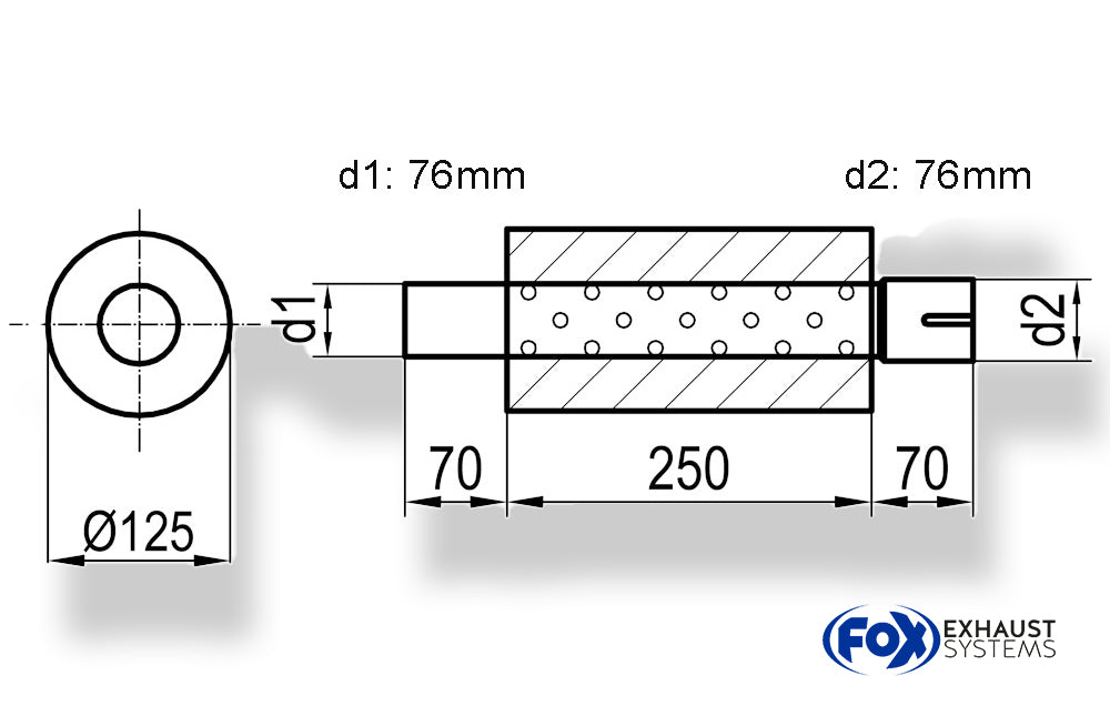 FoxUni-Schalldämpfer rund mit Stutzen - Abwicklung 390 Ø 125mm, d1Ø 76mm  d2Ø 76,5mm, Länge: 250mm
