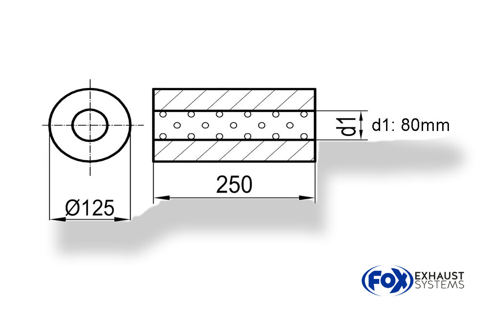 FoxUni-Schalldämpfer rund ohne Stutzen - Abwicklung 390 Ø 125mm, d1Ø 80mm außen, Länge: 250mm