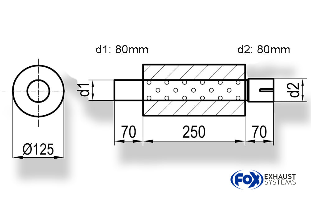 FoxUni-Schalldämpfer rund mit Stutzen - Abwicklung 390 Ø 125mm, d1Ø 80mm außen,  d2Ø 80mm innen, Länge: 250mm