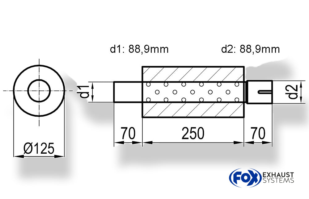FoxUni-Schalldämpfer rund mit Stutzen - Abwicklung 390 Ø 125mm, d1Ø 88,9mm außen - d2Ø 88,9mm innen - Länge: 250mm