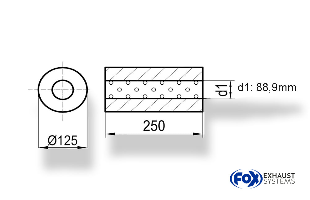 FoxUni-Schalldämpfer rund ohne Stutzen - Abwicklung 390 Ø 125mm, d1Ø 88,9mm außen - Länge: 250mm
