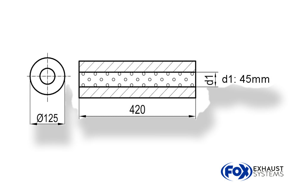 FoxUni-Schalldämpfer rund ohne Stutzen - Abwicklung 390 Ø 125mm, d1Ø 45mm, Länge: 420mm