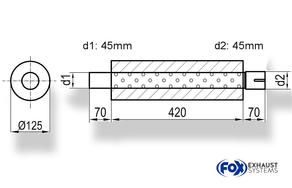 FoxUni-Schalldämpfer rund mit Stutzen - Abwicklung 390 Ø 125mm, d1Ø 45mm  d2Ø 45,5mm, Länge: 420mm