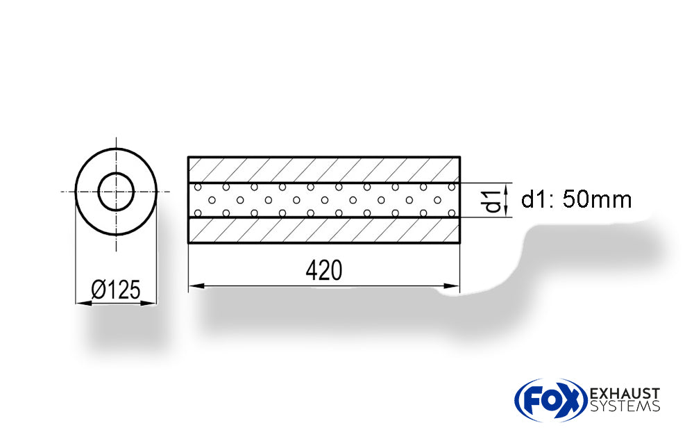 FoxUni-Schalldämpfer rund ohne Stutzen - Abwicklung 390 Ø 125mm, d1Ø 50mm, Länge: 420mm