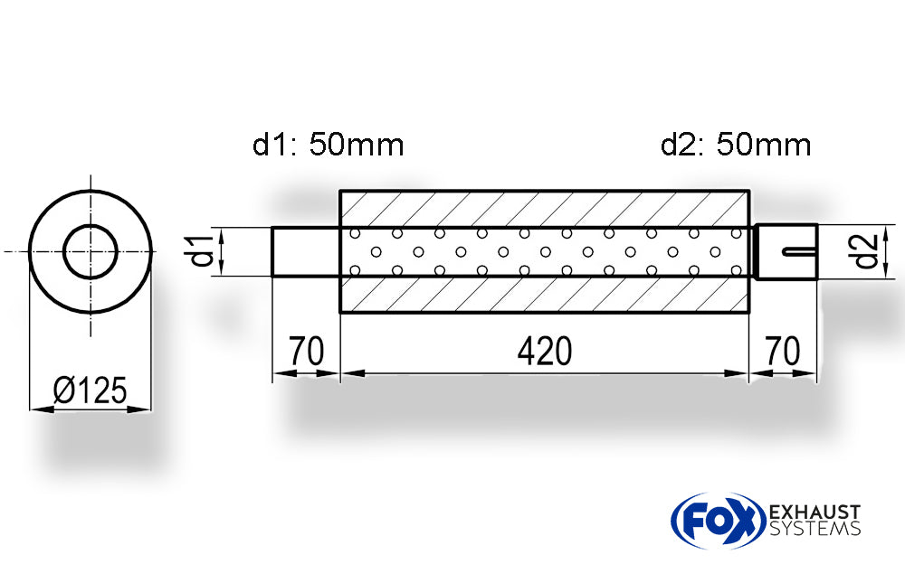 FoxUni-Schalldämpfer rund mit Stutzen - Abwicklung 390 Ø 125mm, d1Ø 50mm  d2Ø 50,5mm, Länge: 420mm