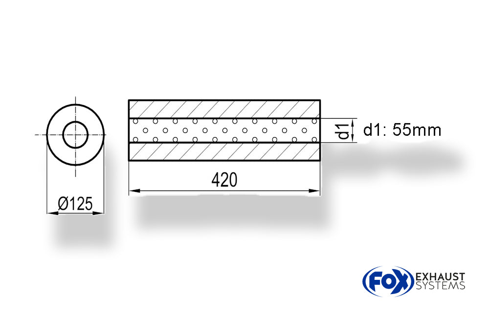 FoxUni-Schalldämpfer rund ohne Stutzen - Abwicklung 390 Ø 125mm, d1Ø 55mm, Länge: 420mm