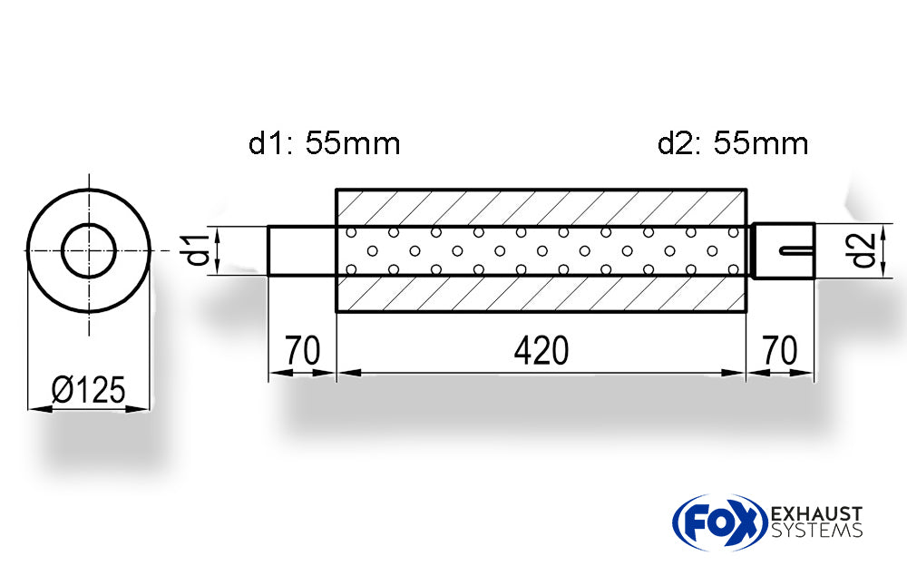 FoxUni-Schalldämpfer rund mit Stutzen - Abwicklung 390 Ø 125mm, d1Ø 55mm  d2Ø 55,5mm, Länge: 420mm