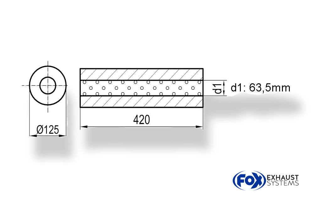 FoxUni-Schalldämpfer rund ohne Stutzen - Abwicklung 390 Ø 125mm, d1Ø 63,5mm, Länge: 420mm
