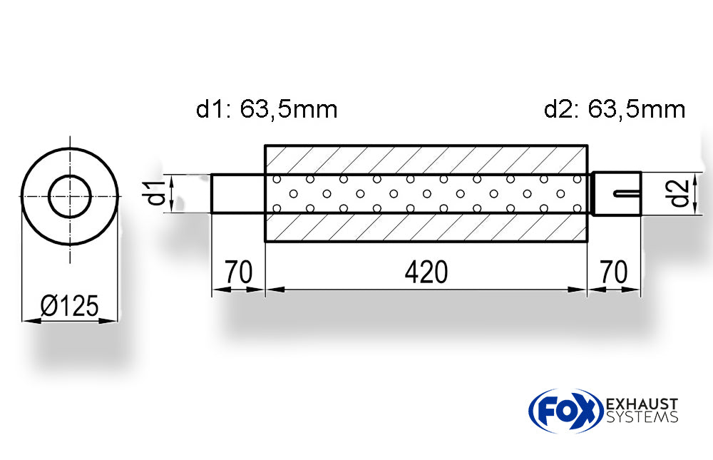 FoxUni-Schalldämpfer rund mit Stutzen - Abwicklung 390 Ø 125mm, d1Ø 63,5mm  d2Ø 64mm, Länge: 420mm