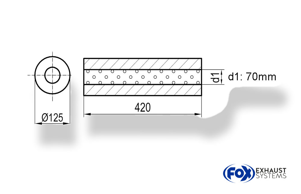 FoxUni-Schalldämpfer rund ohne Stutzen - Abwicklung 390 Ø 125mm, d1Ø 70mm, Länge: 420mm