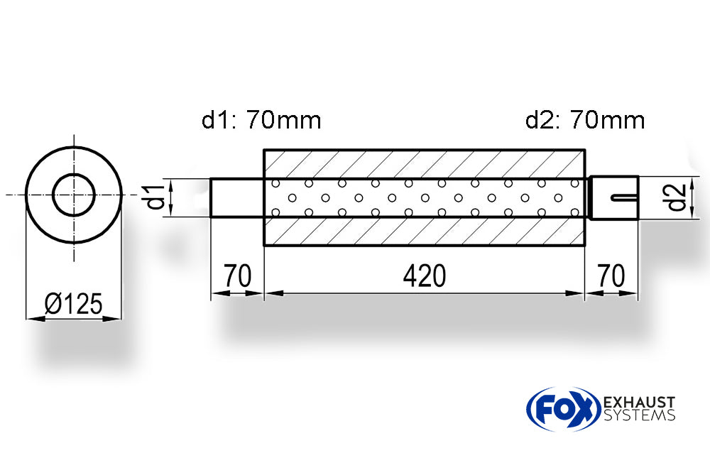 FoxUni-Schalldämpfer rund mit Stutzen - Abwicklung 390 Ø 125mm, d1Ø 70mm  d2Ø 70,5mm, Länge: 420mm