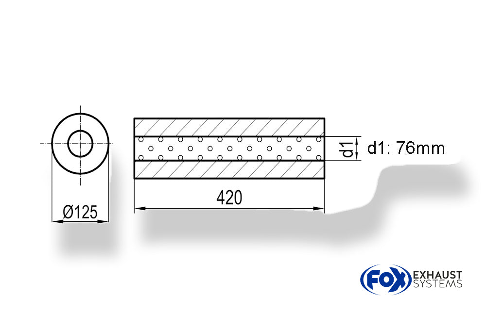 FoxUni-Schalldämpfer rund ohne Stutzen - Abwicklung 390 Ø 125mm, d1Ø 76mm außen, Länge: 420mm