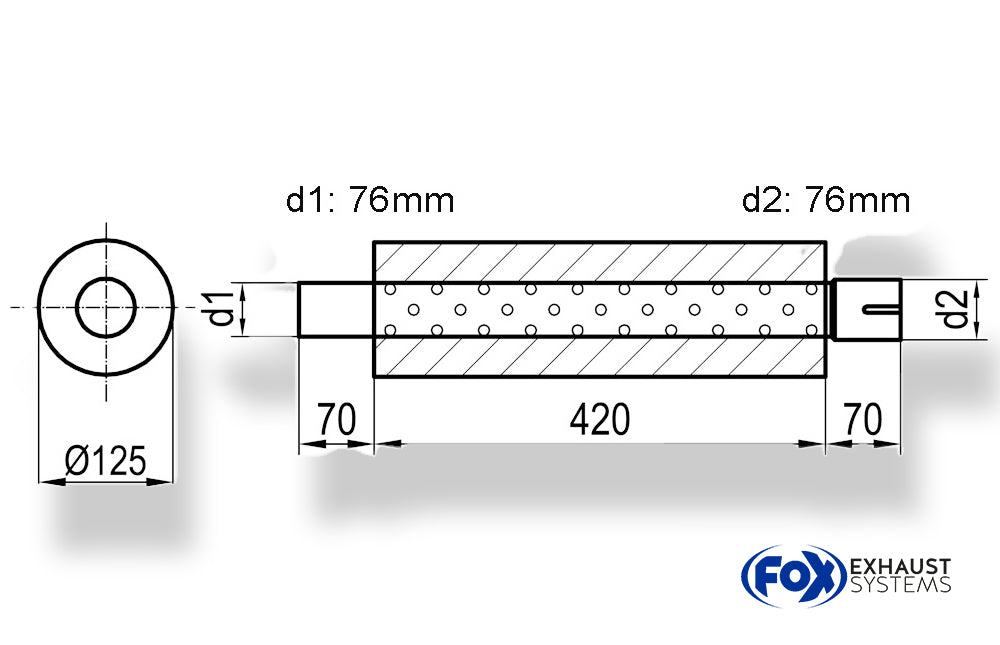FoxUni-Schalldämpfer rund mit Stutzen - Abwicklung 390 Ø 125mm, d1Ø 76mm  d2Ø 76,5mm, Länge: 420mm