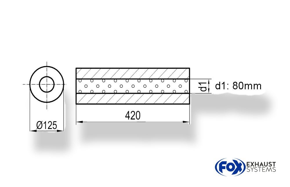 FoxUni-Schalldämpfer rund ohne Stutzen - Abwicklung 390 Ø 125mm, d1Ø 80mm außen, Länge: 420mm