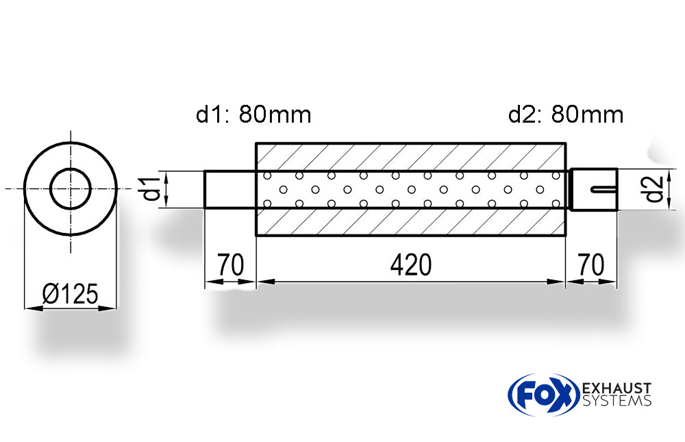 FoxUni-Schalldämpfer rund mit Stutzen - Abwicklung 390 Ø 125mm, d1Ø 80mm außen,  d2Ø 80mm innen, Länge: 420mm