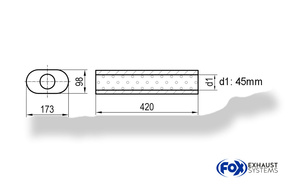 Fox Uni-Schalldämpfer oval ohne Stutzen - Abwicklung 450 173x98mm, d1Ø 45mm, Länge: 420mm