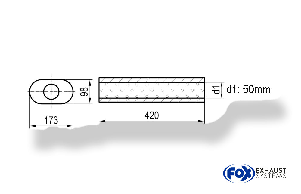 Fox Uni-Schalldämpfer oval ohne Stutzen - Abwicklung 450 173x98mm, d1Ø 50mm, Länge: 420mm