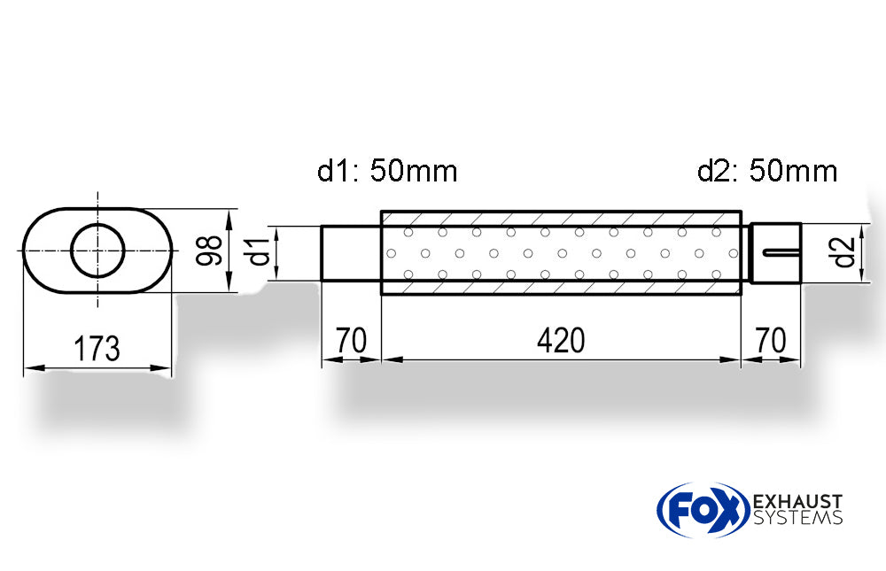 Fox Uni-Schalldämpfer oval mit Stutzen - Abwicklung 450 173x98mm, d1Ø 50mm  d2Ø 50,5mm, Länge: 420mm
