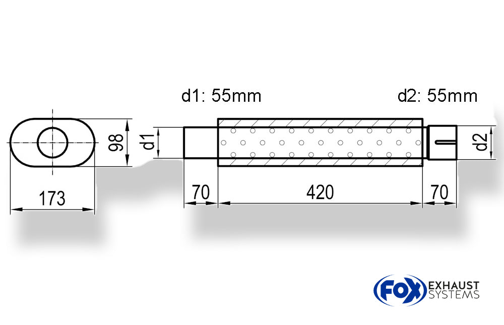 Fox Uni-Schalldämpfer oval mit Stutzen - Abwicklung 450 173x98mm, d1Ø 55mm  d2Ø 55,5mm, Länge: 420mm