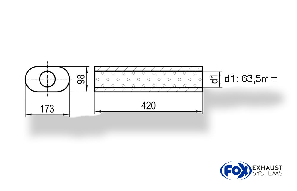 Fox Uni-Schalldämpfer oval ohne Stutzen - Abwicklung 450 173x98mm, d1Ø 63,5mm, Länge: 420mm