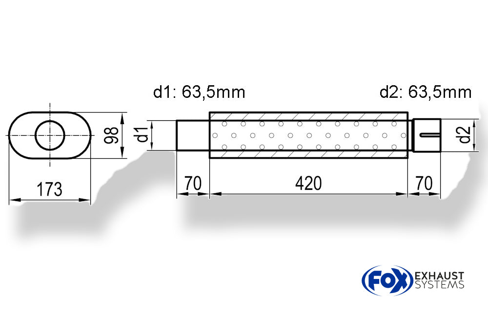 Fox Uni-Schalldämpfer oval mit Stutzen - Abwicklung 450 173x98mm, d1Ø 63,5mm  d2Ø 64mm, Länge: 420mm