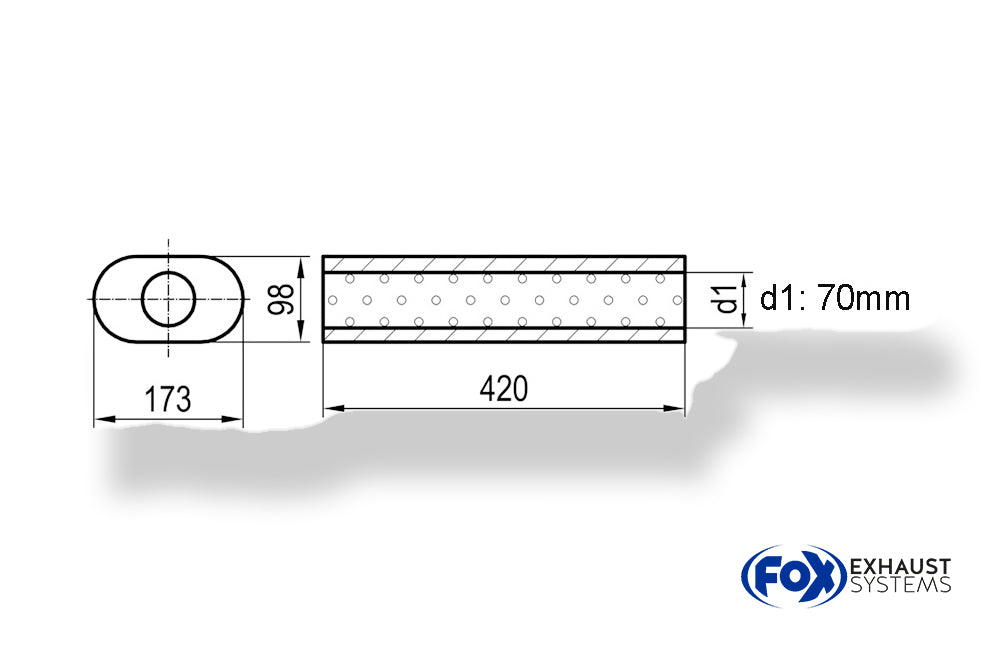 Fox Uni-Schalldämpfer oval ohne Stutzen - Abwicklung 450 173x98mm, d1Ø 70mm, Länge: 420mm