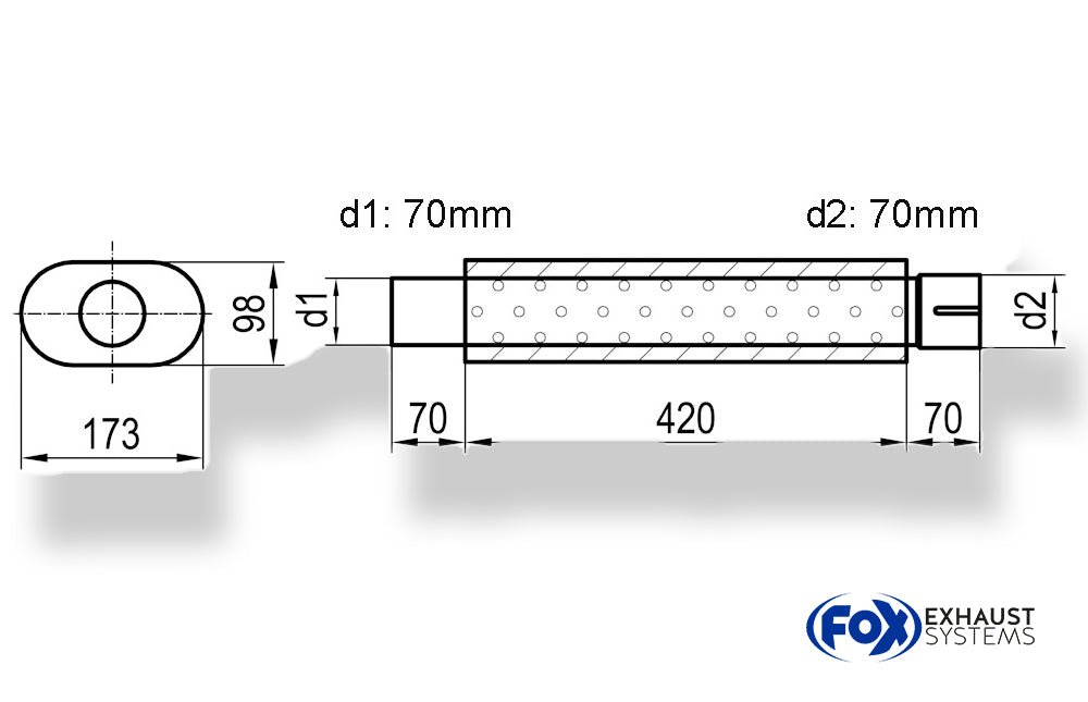 Fox Uni-Schalldämpfer oval mit Stutzen - Abwicklung 450 173x98mm, d1Ø 70mm  d2Ø 70,5mm, Länge: 420mm