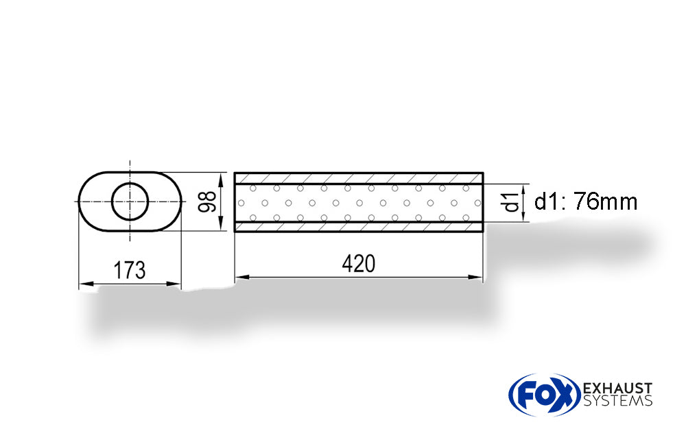 Fox Uni-Schalldämpfer oval ohne Stutzen - Abwicklung 450 173x98mm, d1Ø 76mm, Länge: 420mm