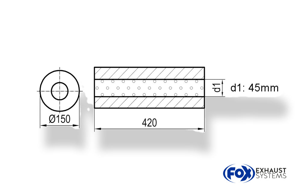 FoxUni-Schalldämpfer rund ohne Stutzen - Abwicklung 466 Ø 150mm, d1Ø 45mm - Länge: 420mm