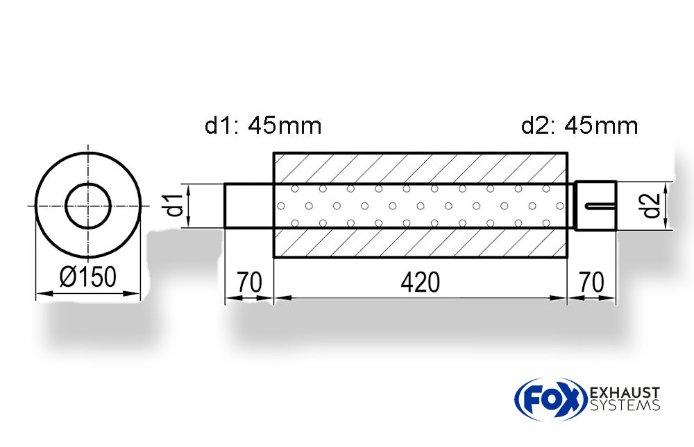 FoxUni-Schalldämpfer rund mit Stutzen - Abwicklung 466 Ø 150mm, d1Ø 45mm außen - d2Ø 45,5mm innen - Länge: 420mm