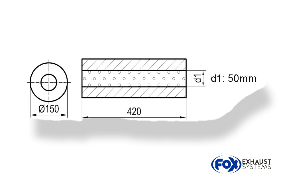 FoxUni-Schalldämpfer rund ohne Stutzen - Abwicklung 466 Ø 150mm, d1Ø 50mm - Länge: 420mm