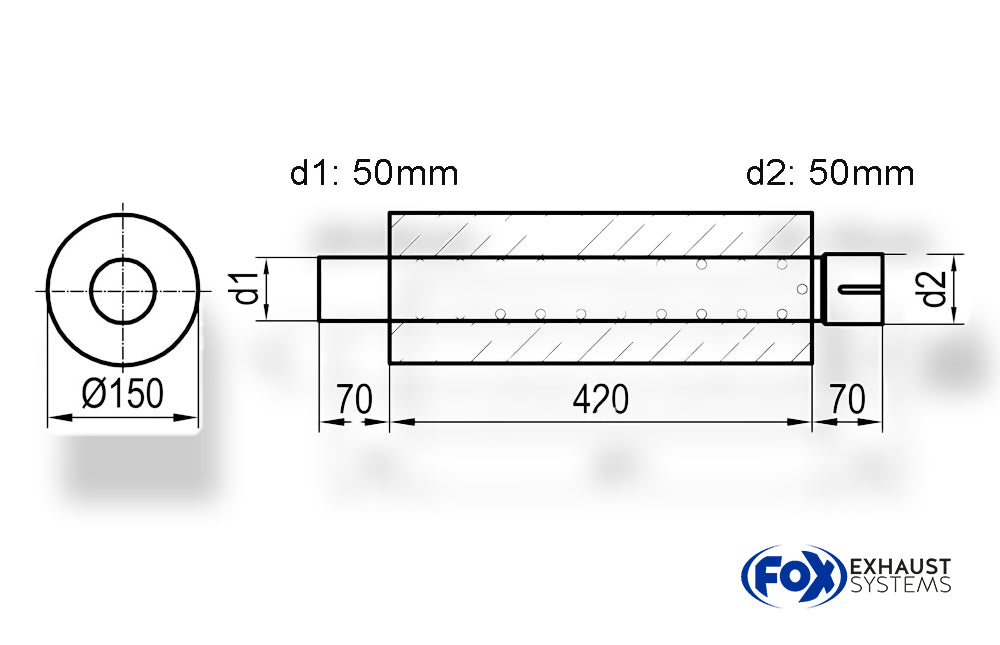 FoxUni-Schalldämpfer rund mit Stutzen - Abwicklung 466 Ø 150mm, d1Ø 50mm außen - d2Ø 50,5mm innen - Länge: 420mm