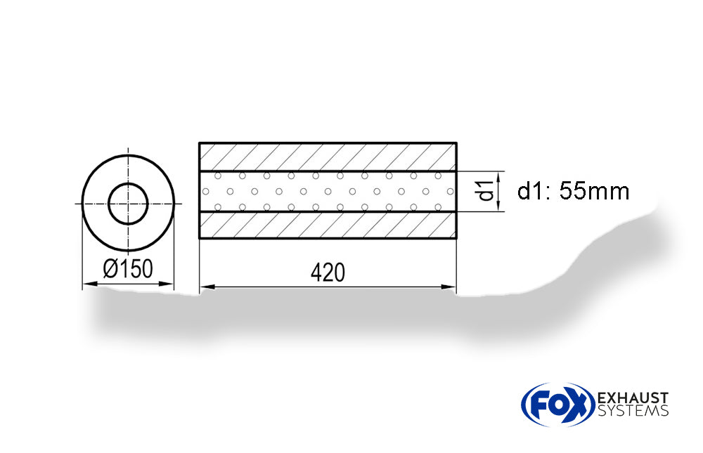 FoxUni-Schalldämpfer rund ohne Stutzen - Abwicklung 466 Ø 150mm, d1Ø 55mm -, Länge: 420mm