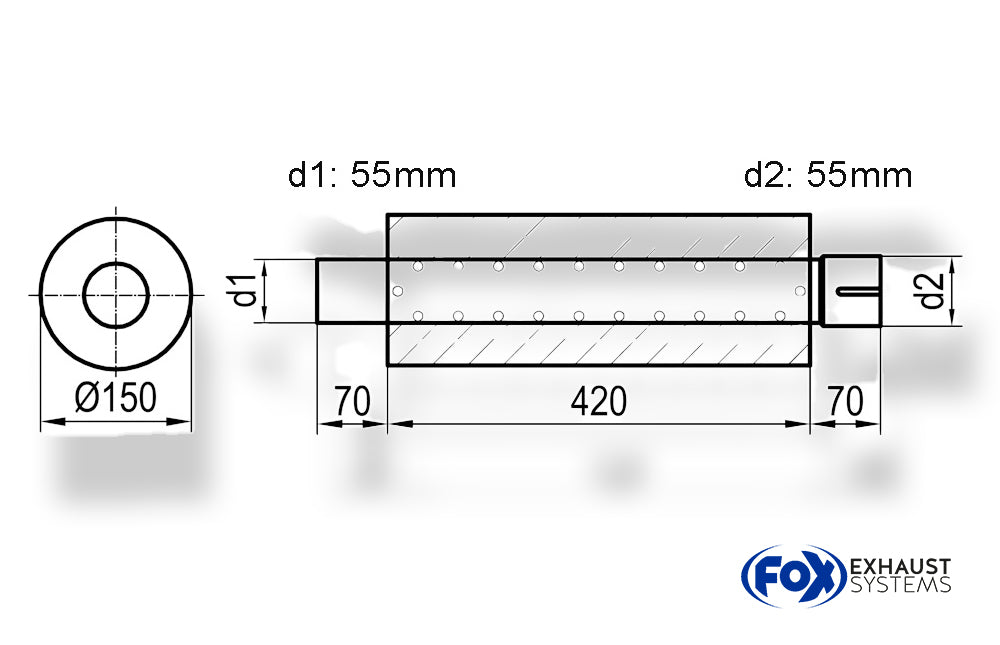 FoxUni-Schalldämpfer rund mit Stutzen - Abwicklung 466 Ø 150mm, d1Ø 55mm außen - d2Ø 55,5mm innen - Länge: 420mm