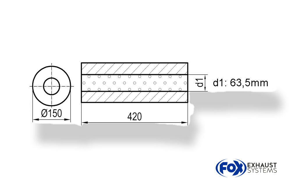 FoxUni-Schalldämpfer rund ohne Stutzen - Abwicklung 466 Ø 150mm, d1Ø 63,5mm -, Länge: 420mm