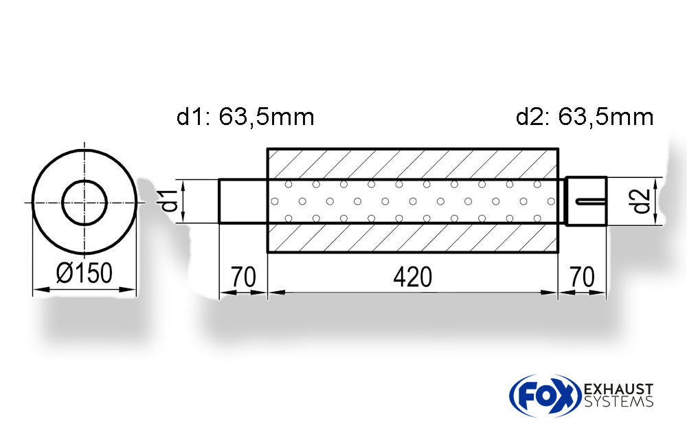 FoxUni-Schalldämpfer rund mit Stutzen - Abwicklung 466 Ø 150mm, d1Ø 63,5mm außen - d2Ø 64mm innen - Länge: 420mm