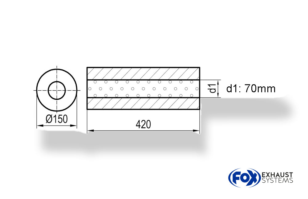 FoxUni-Schalldämpfer rund ohne Stutzen - Abwicklung 466 Ø 150mm, d1Ø 70mm -, Länge: 420mm