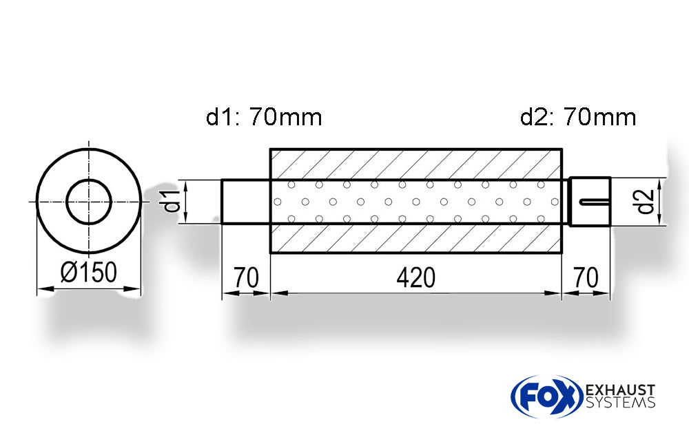 FoxUni-Schalldämpfer rund mit Stutzen - Abwicklung 466 Ø 150mm, d1Ø 70mm außen - d2Ø 70,5mm innen - Länge 420mm