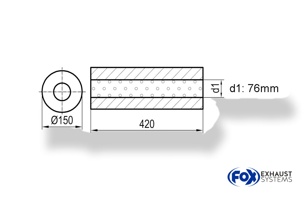 FoxUni-Schalldämpfer rund ohne Stutzen - Abwicklung 466 Ø 150mm, d1Ø 76mm -, Länge: 420mm