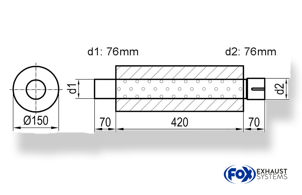FoxUni-Schalldämpfer rund mit Stutzen - Abwicklung 466 Ø 150mm, d1Ø 76mm außen - d2Ø 76,5mm innen - Länge: 420mm