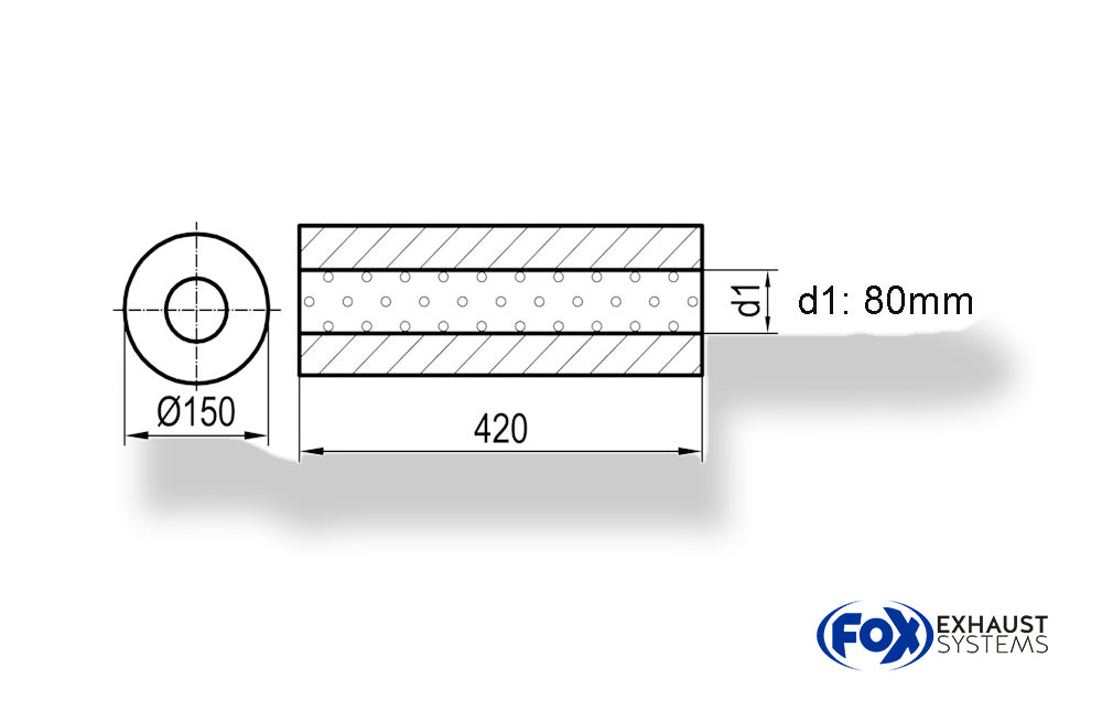 FoxUni-Schalldämpfer rund ohne Stutzen - Abwicklung 466 Ø 150mm, d1Ø 80mm -, Länge: 420mm