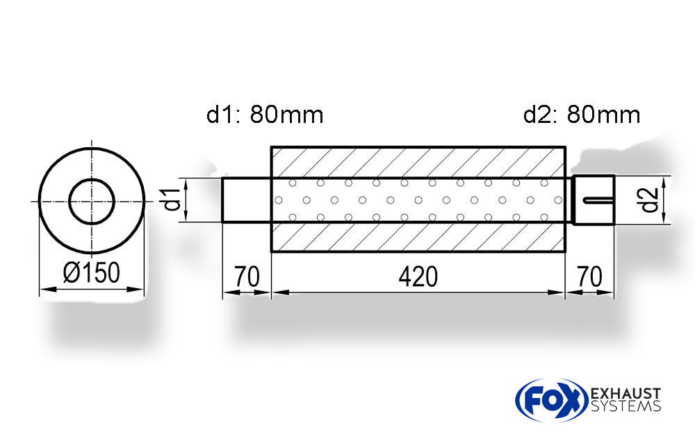 FoxUni-Schalldämpfer rund mit Stutzen - Abwicklung 466 Ø 150mm, d1Ø 80mm -, Länge: 420mm