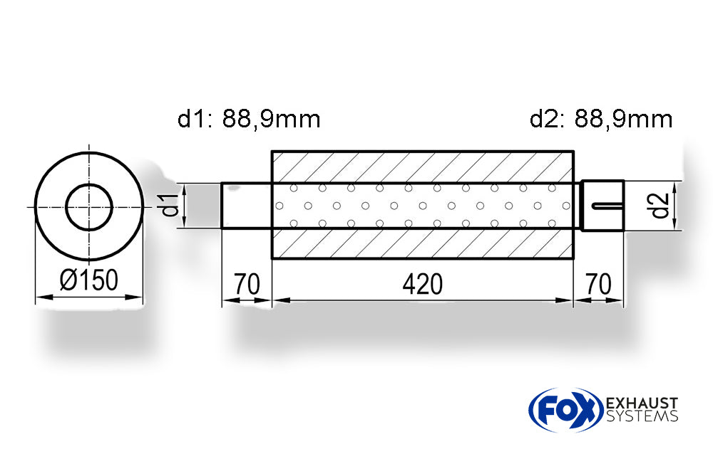 FoxUni-Schalldämpfer rund mit Stutzen - Abwicklung 466 Ø 150mm, d1Ø 88,9mm -, Länge: 420mm