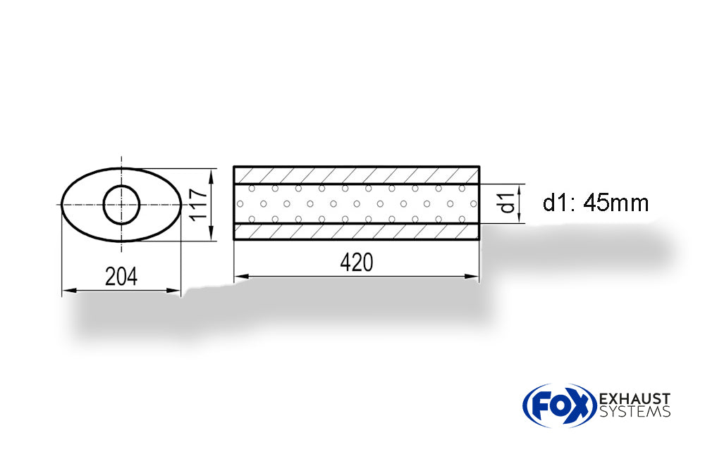 FoxUni-Schalldämpfer oval ohne Stutzen - Abwicklung 525 204x117mm, d1Ø 45mm, Länge: 420mm