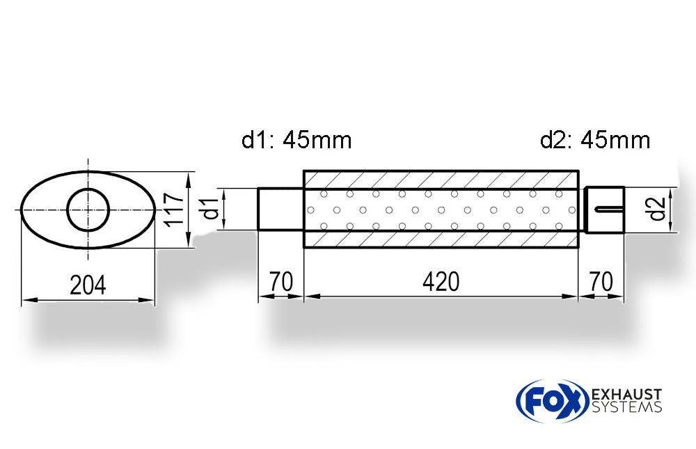 Fox Uni-Schalldämpfer oval mit Stutzen - Abwicklung 525 204x117mm, d1Ø 45mm  d2Ø 45,5mm, Länge: 420mm