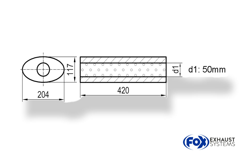 FoxUni-Schalldämpfer oval ohne Stutzen - Abwicklung 525 204x117mm, d1Ø 50mm, Länge: 420mm