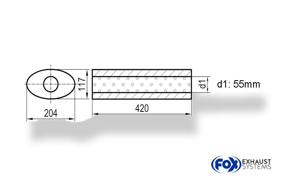 FoxUni-Schalldämpfer oval ohne Stutzen - Abwicklung 525 204x117mm, d1Ø 55mm, Länge: 420mm