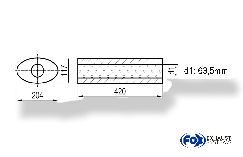 FoxUni-Schalldämpfer oval ohne Stutzen - Abwicklung 525 204x117mm, d1Ø 63,5mm, Länge: 420mm