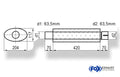 Fox Uni-Schalldämpfer oval mit Stutzen - Abwicklung 525 204x117mm, d1Ø 63,5mm  d2Ø 64mm, Länge: 420mm