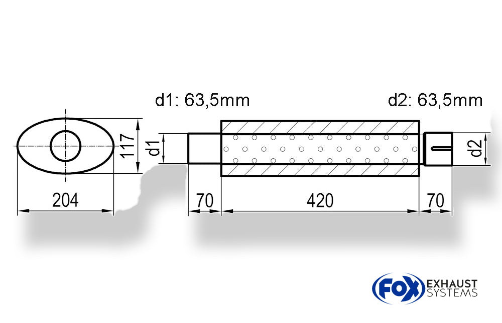 Fox Uni-Schalldämpfer oval mit Stutzen - Abwicklung 525 204x117mm, d1Ø 63,5mm  d2Ø 64mm, Länge: 420mm